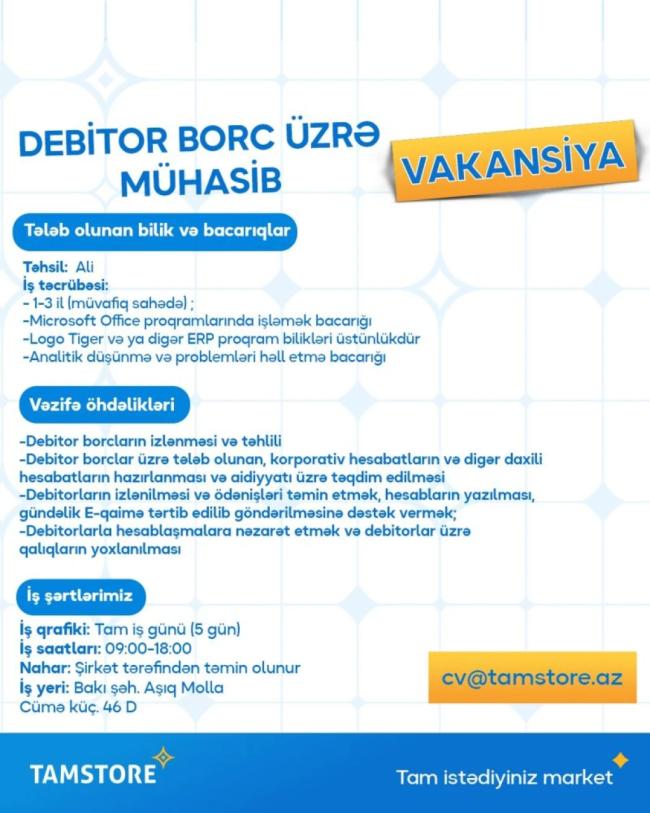 Debitor borc üzrə mühasib vakansiyası