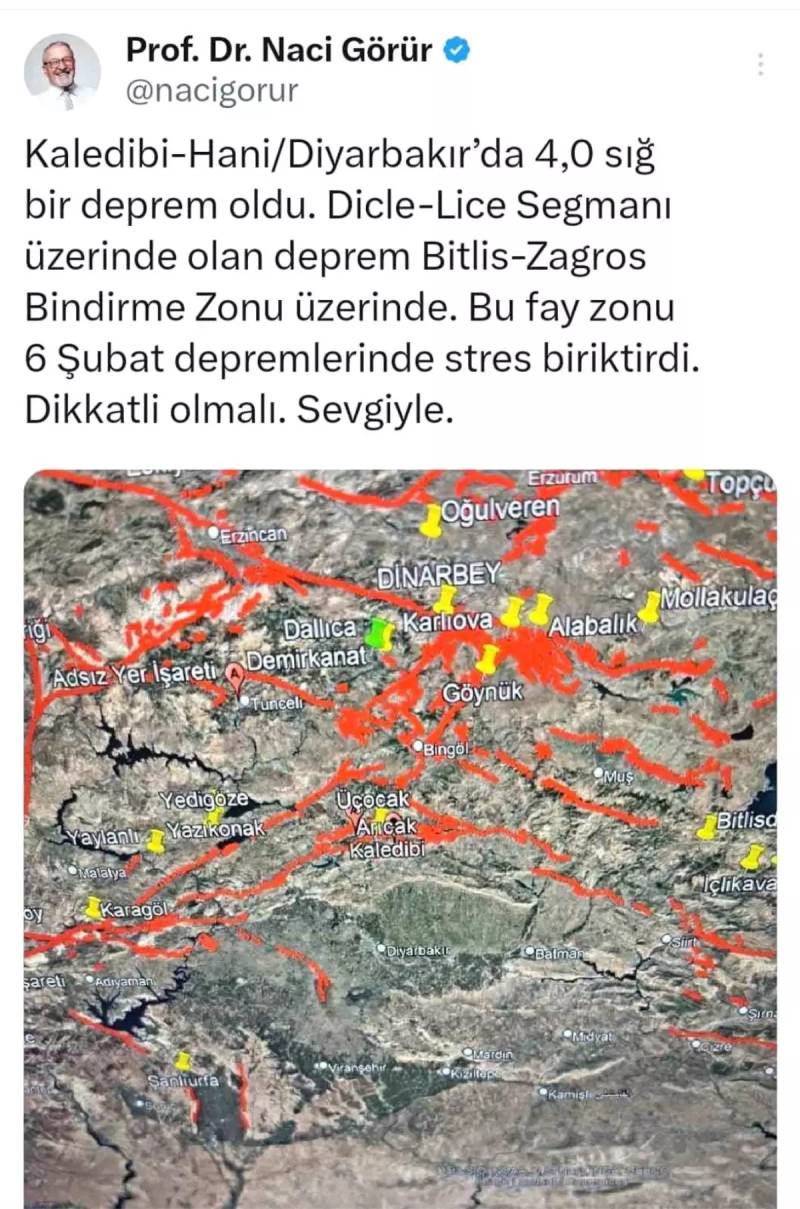 Diyarbakırda 4.0 Bal Gücündə Zəlzələ: Professor Naci Görürdən Əhəmiyyətli Xəbərdarlıq Xəbər şəkili