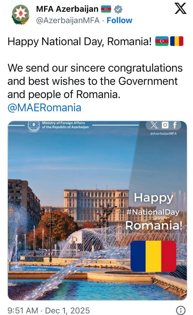 Azərbaycanın XİN Rumıniyanı təbrik etdi